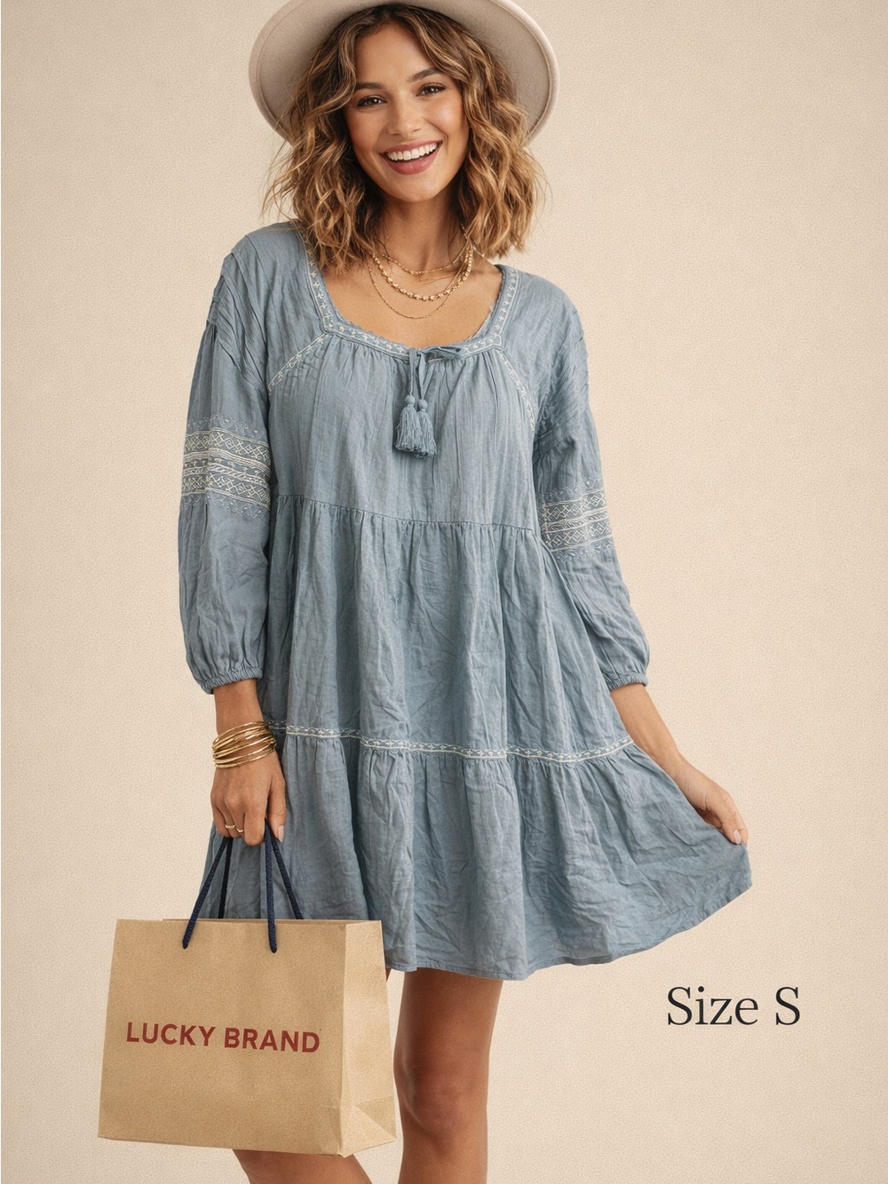 Lucky Brand Light Blue Tiered Peasant Dress